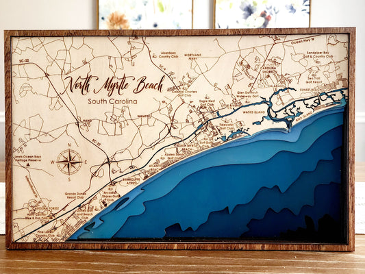 North Myrtle Beach, South Carolina Bathymetric Wood Map – Layered Coastal Laser-Cut Art