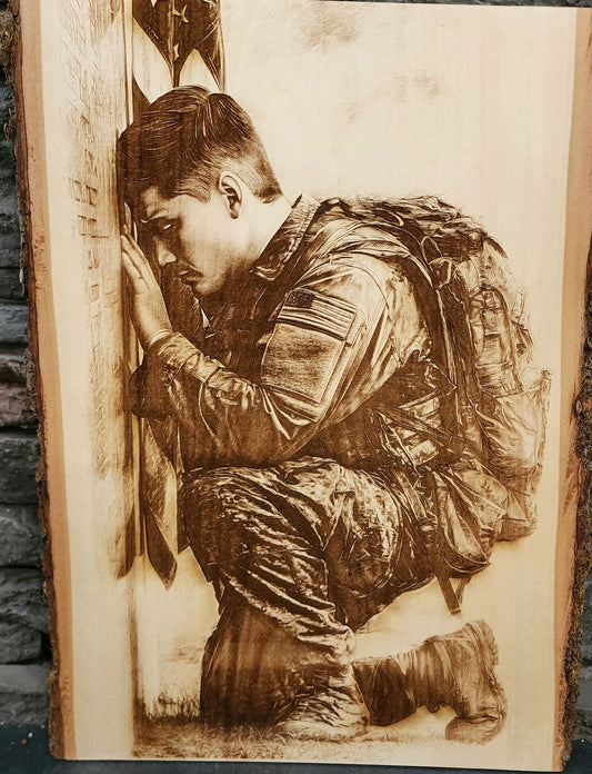 Kneeling Soldier Tribute – Laser Engraved on Live Edge Wood | Patriotic Military Wall Art