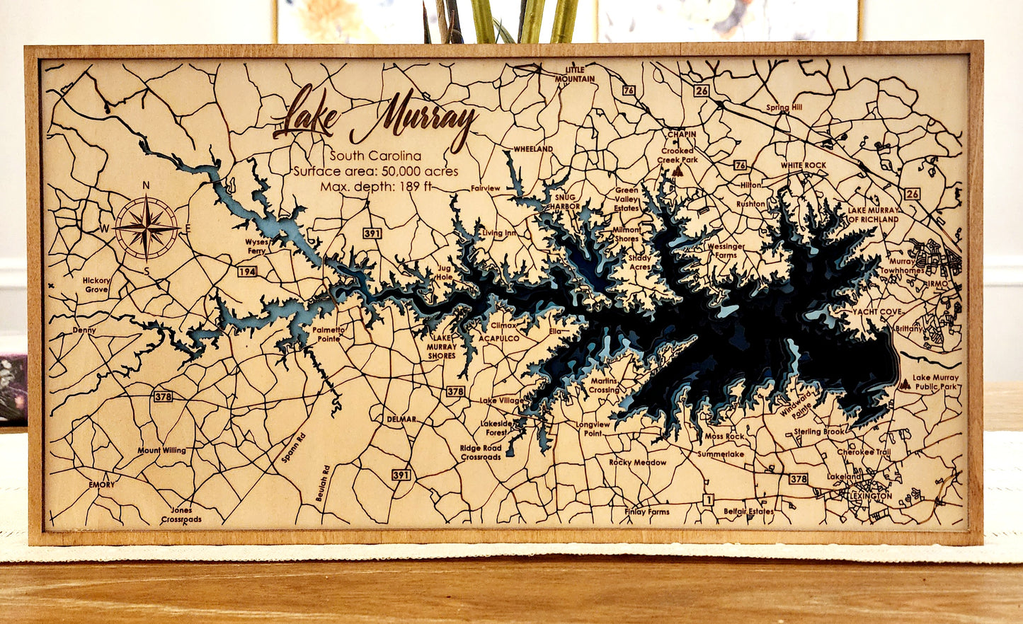 Lake Murray South Carolina – 8 Layer Bathymetric Wood Map | Laser Cut Lake Art