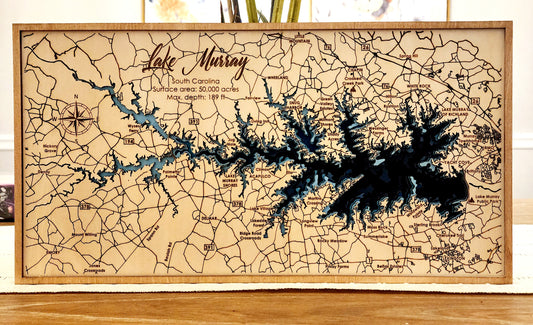 Lake Murray South Carolina – 8 Layer Bathymetric Wood Map | Laser Cut Lake Art