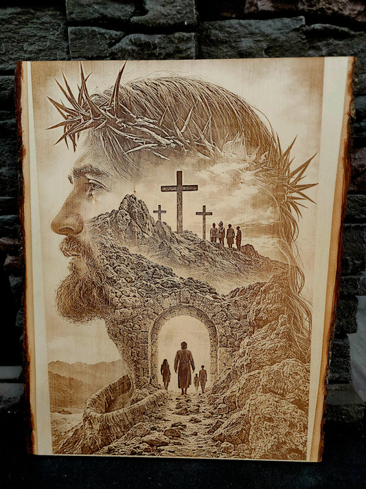 ✨ “The Way to the Cross” – Laser Engraved on Live Edge Basswood ✨