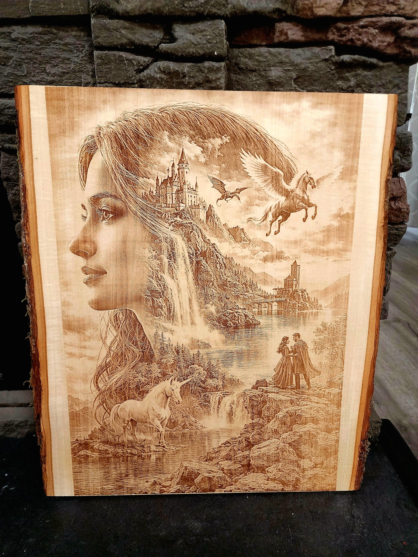 “Whispers of Enchantment” – Laser Engraved on Live Edge Basswood