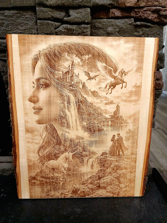 “Whispers of Enchantment” – Laser Engraved on Live Edge Basswood
