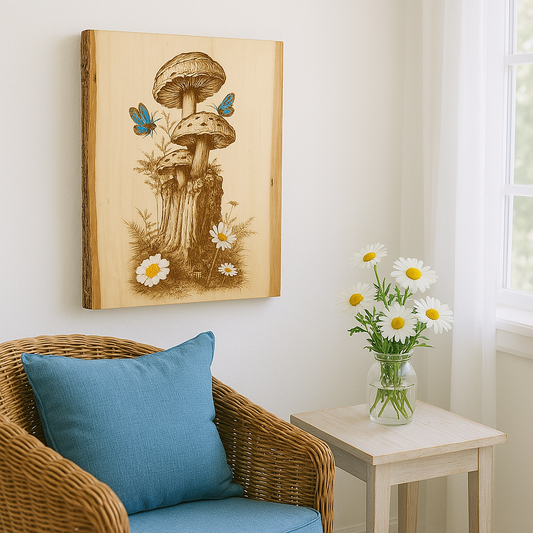 Woodland Mushrooms & Butterflies – Laser Engraved on Live Edge Wood