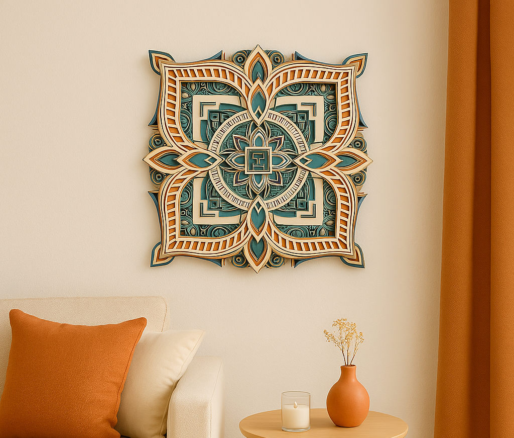 10-Layer Mandala Wall Art – Intricately Laser-Cut Wooden Decor in Teal and Gold