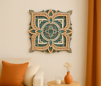 10-Layer Mandala Wall Art – Intricately Laser-Cut Wooden Decor in Teal and Gold