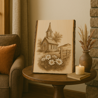 Country Church and Daisies – Peaceful Country Scene -Laser Engraved on Live Edge Wood