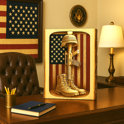 Fallen Soldier Memorial Engraving – Boots, Rifle & Helmet on American Flag