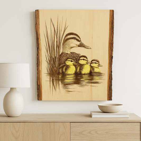 Mother Duck and Ducklings Live Edge Laser Engraving