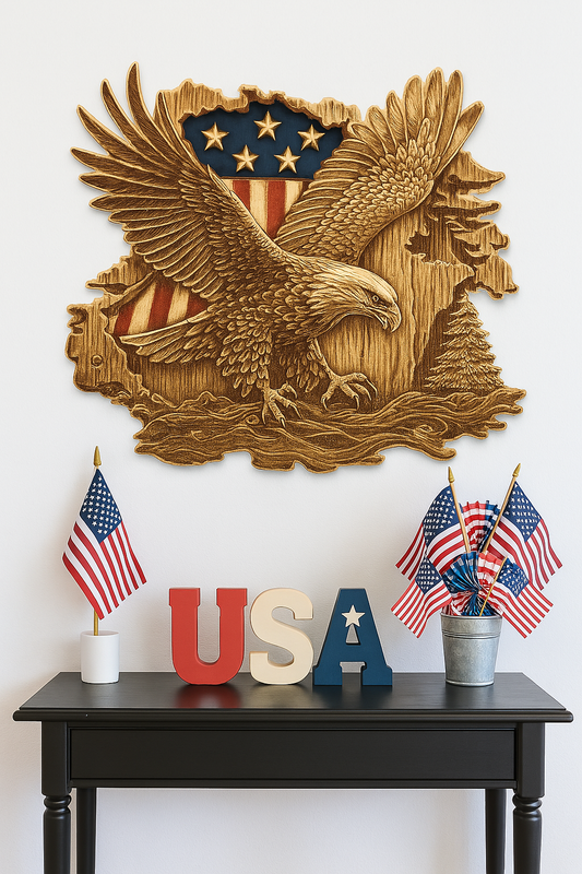 Patriotic Eagle Laser Engraving on Baltic Birch – American Flag Wall Art