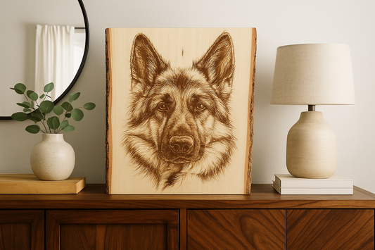 German Shepherd Laser Engraving on Live Edge Wood