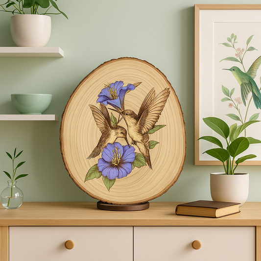 Hummingbirds and Wildflowers Live Edge Laser Engraving