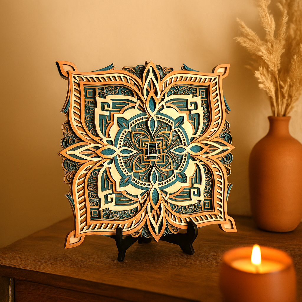 10-Layer Mandala Wall Art – Intricately Laser-Cut Wooden Decor in Teal and Gold