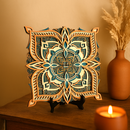 10-Layer Mandala Wall Art – Intricately Laser-Cut Wooden Decor in Teal and Gold