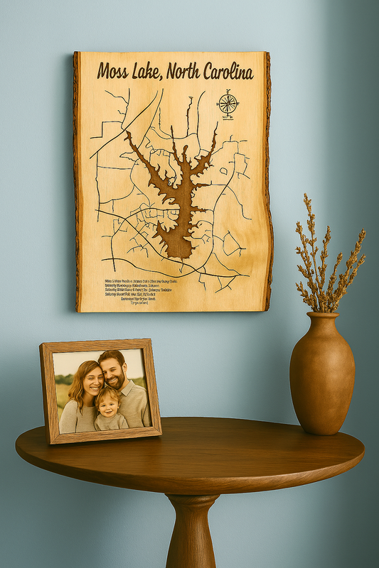 Live Edge Laser-Engraved Map of Moss Lake, NC – Rustic Decor Art