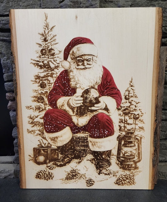 Laser Engraved Santa with Snow Globe on Live Edge Basswood
