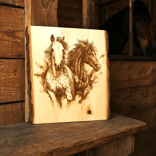 Running Wild - Laser Engraved Horses on Live Edge Wood