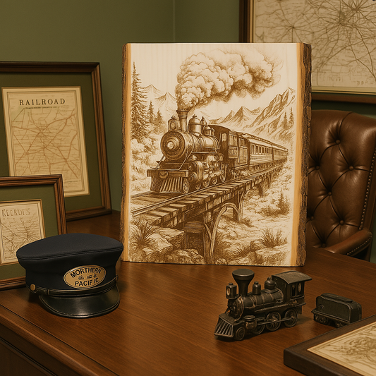 Laser Engraved Steam Train on Live Edge Wood – Rustic Locomotive Wall Art