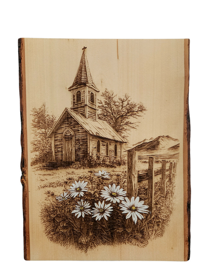 Country Church and Daisies – Peaceful Country Scene -Laser Engraved on Live Edge Wood