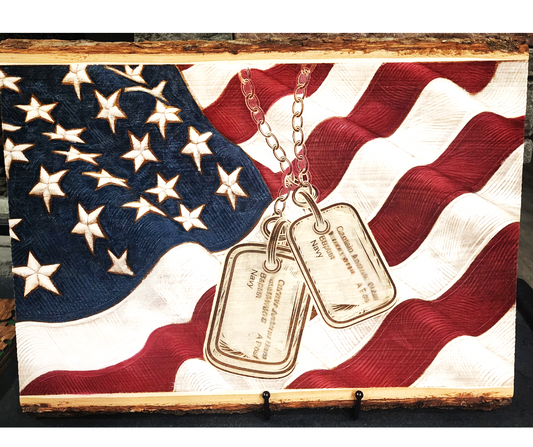 Dog Tags & American Flag Live Edge Laser Engraving – Patriotic Military Tribute Wall Art
