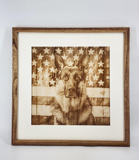 3D Illusion Wood Engraving: German Shepherd with American Flag - Frame Included