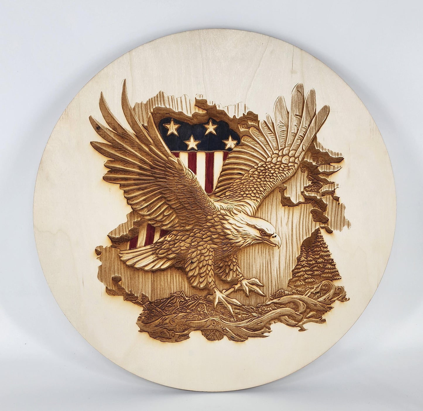 Patriotic Eagle with Flag Laser Wood Engraving – Bold and Detailed Artwork