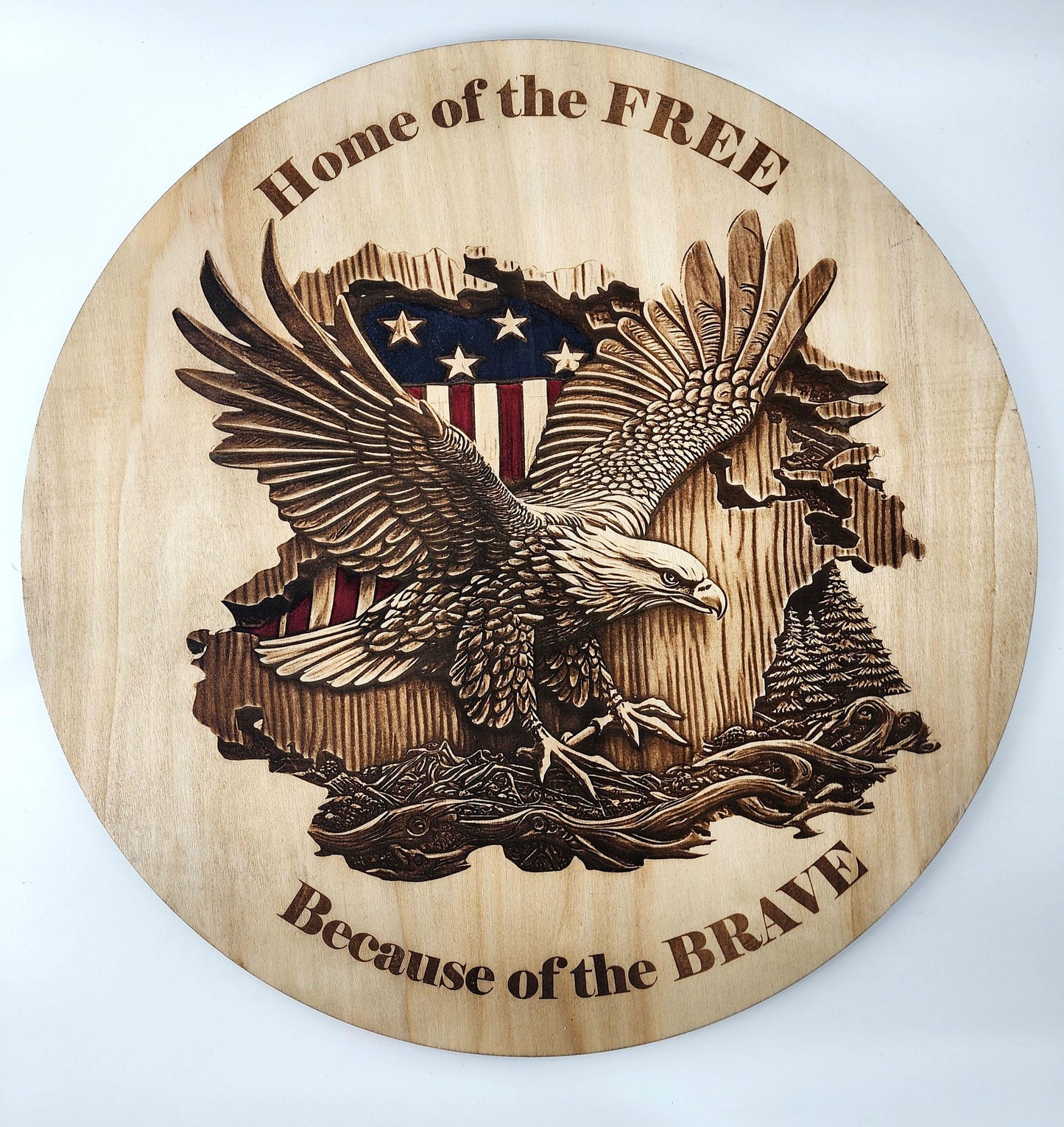 Eagle & Painted U.S. Flag Laser Engraving – 'Home of the Free Because of the Brave