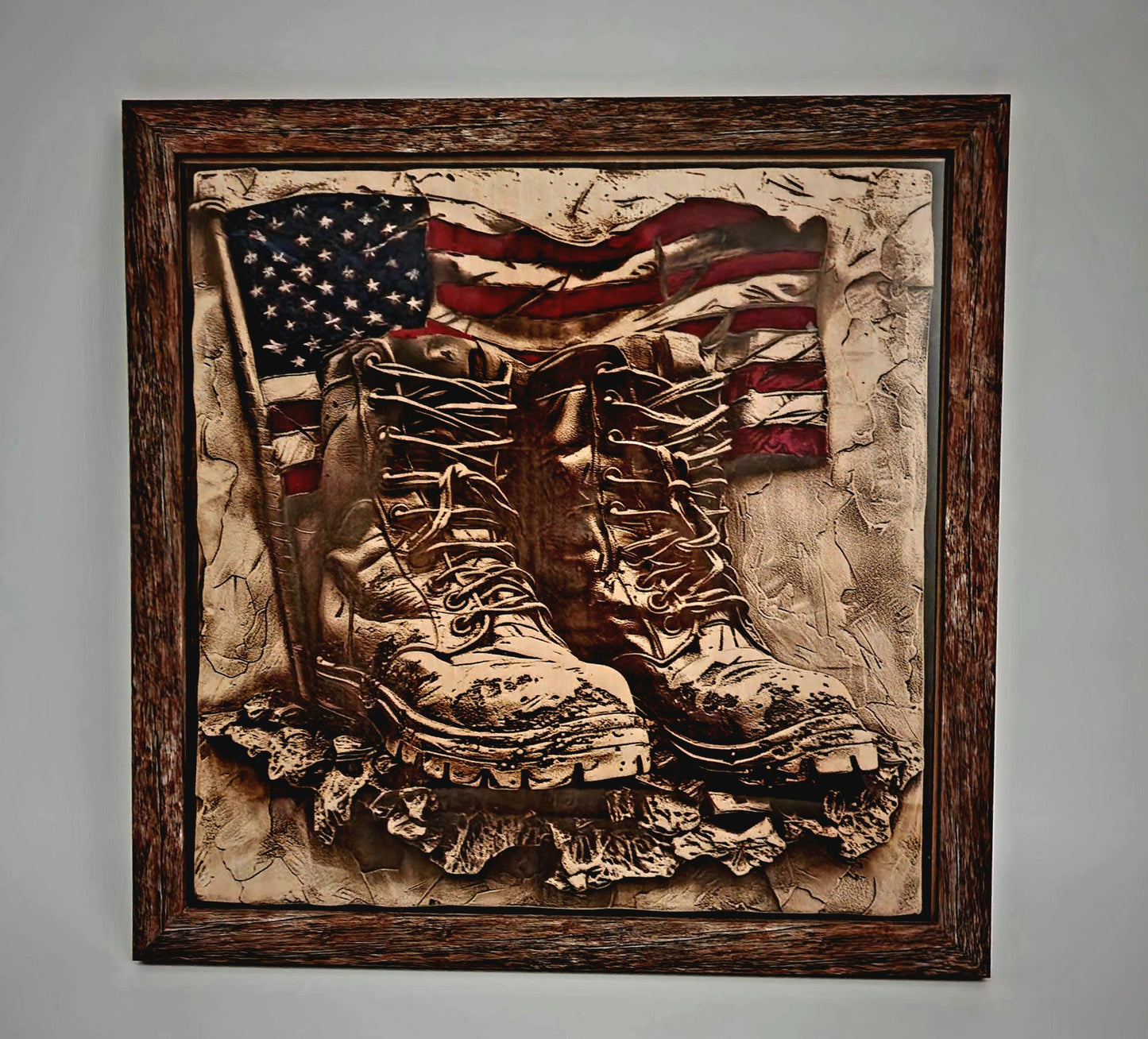 Laser Engraved Military Boots with US Flag- atriotic Wood Art, Veteran Gift, Military Tribute Decor, Custom Armed Forces EngravingFrame-1051