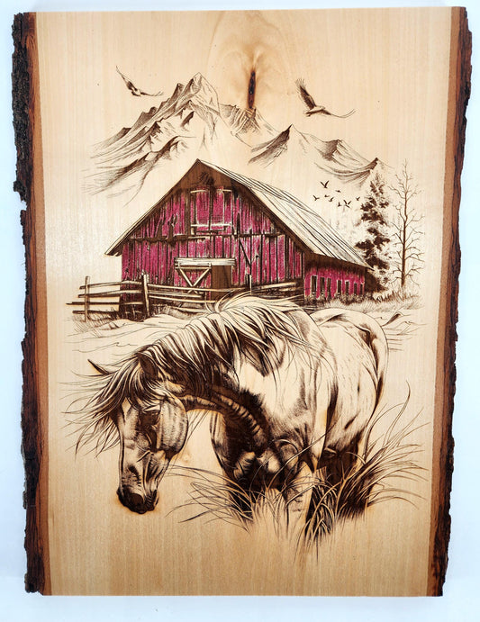 Laser Engraved Horse and Barn on Live Edge BassWood - Rustic Farmhouse Decor, Horse Lover Gift, Barn Wood Art, Country Wall Art- 1058