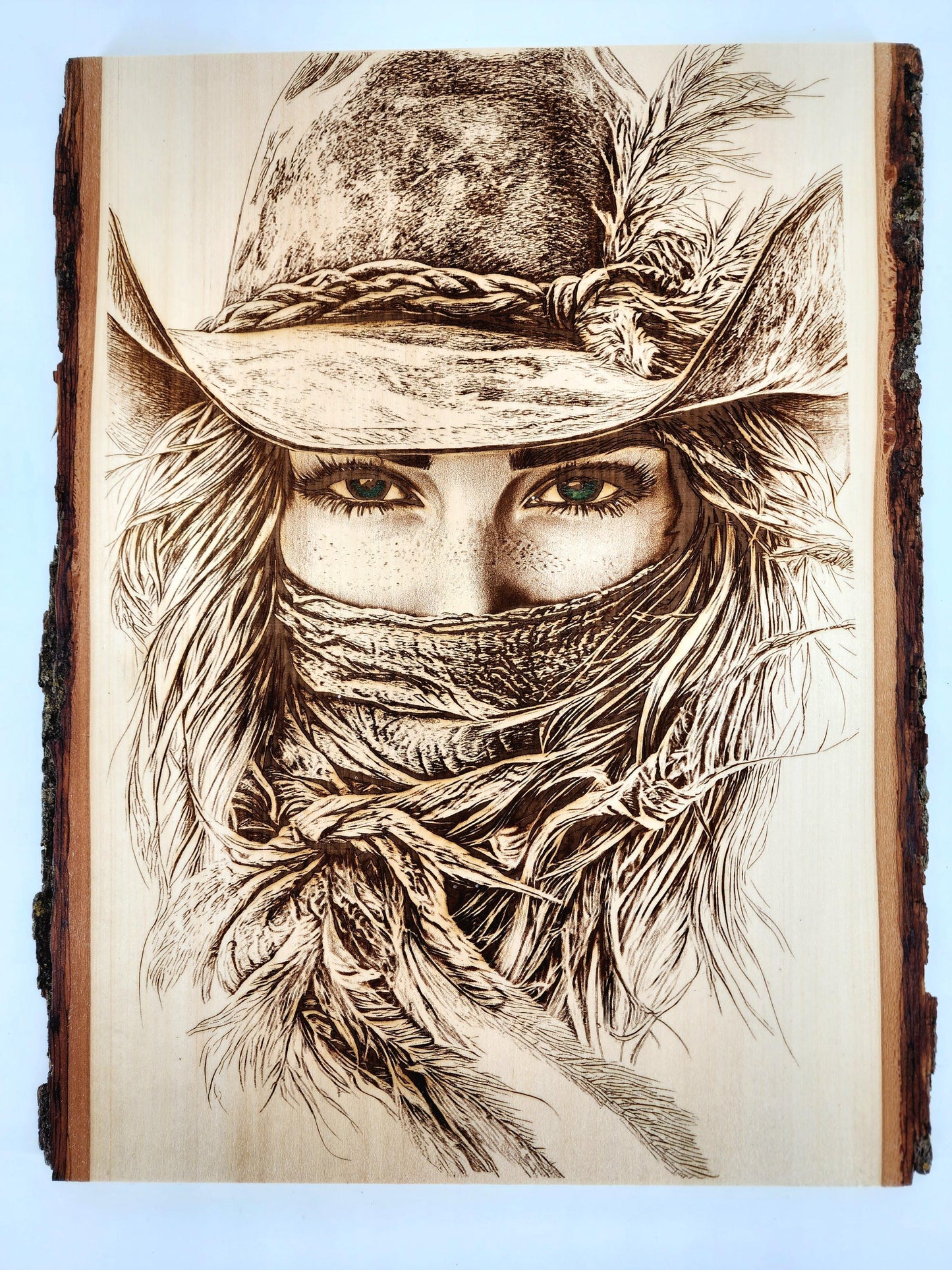 Cowgirl Laser Engraved Art on Live Edge Basswood - Perfect for Rustic, Farmhouse, and Western Décor - 1060