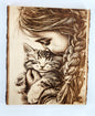 Laser Engraved Girl with Kitten on Live Edge Wood - Rustic Pet Lover Art, Custom Wood Engraving