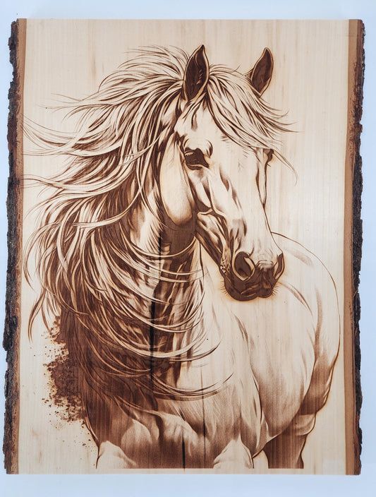 Laser Engraved Horse on Live Edge Basswood - Rustic Equestrian Wall Art, Custom Horse Lover Gift - 1075