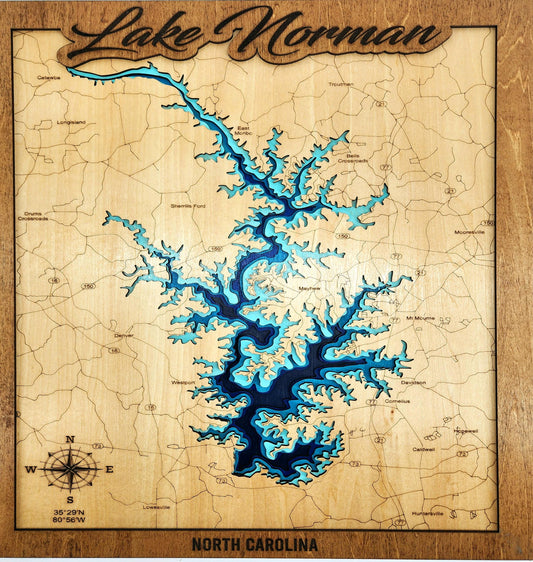 6 Layer Laser Engraved Lake Norman, NC Lake Map - Custom Wooden Topographic Wall Art, Nautical Lake Decor, North Carolina Gift