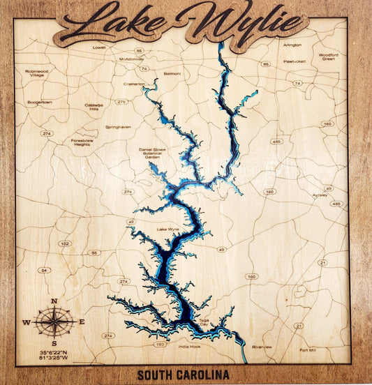 Laser Made Lake Wylie, SC 6 Layer Map - 3D Topographic Wood Map, Custom Lake House Decor - 1063