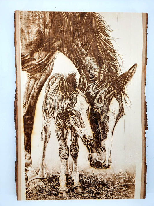 Laser Engraved Mare and Colt Wall Art - Rustic Horse Decor, Equestrian Gift, Custom Wood Engraving- 1065