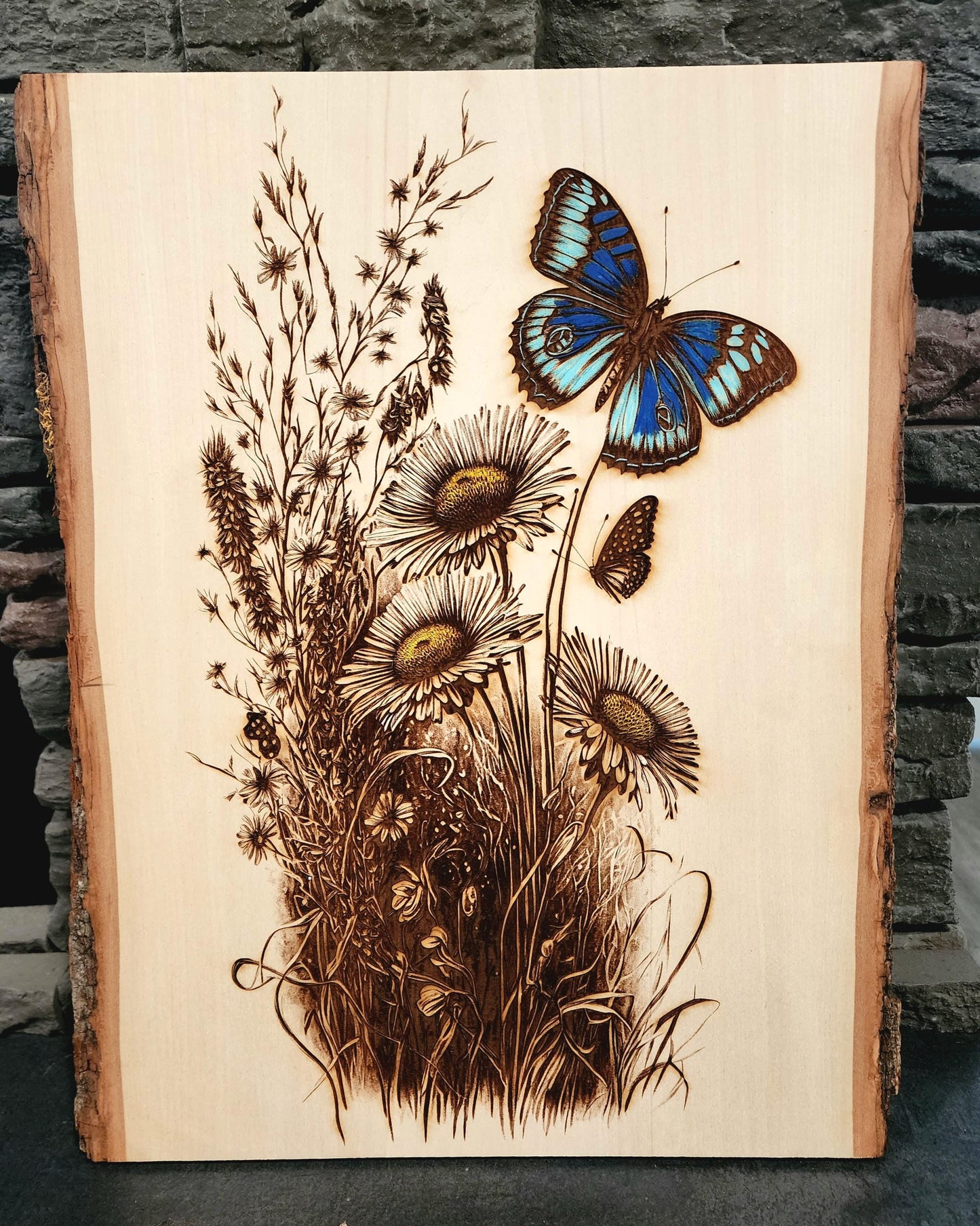 Laser Engraved Wild Flowers with Butterflies - Rustic Floral Wood Art, Nature-Inspired Wall Decor