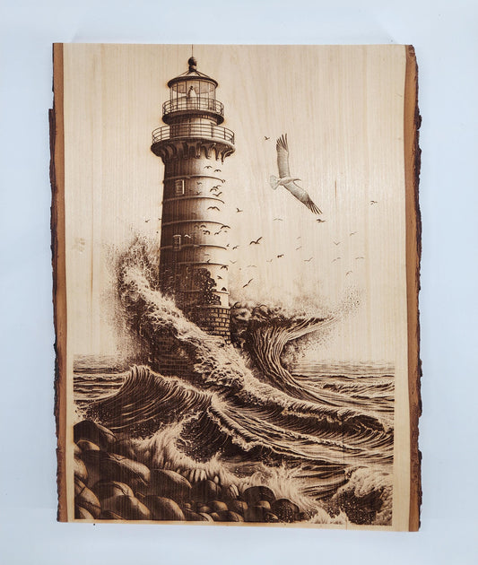 Laser Engraved Lighthouse on Live Edge Wood - Coastal Rustic Wall Art, Nautical Home Decor - 1073