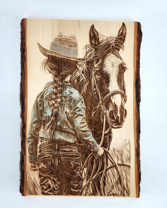 Laser Engraved Girl and Her Horse on Live Edge Basswood - Rustic Equestrian Wall Art, Horse Lover Gift - 1074