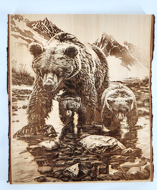 Laser Engraved Momma Bear and Cubs on Live Edge Basswood - Rustic Wildlife Art, Nature-Inspired Bear Decor - 1076