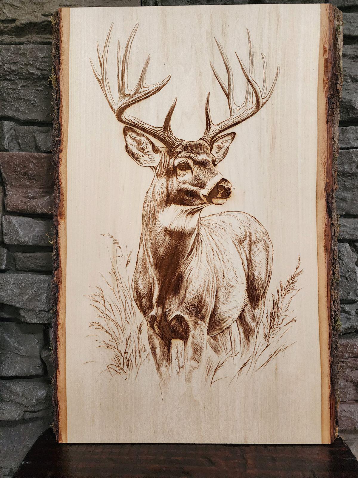 Laser Engraved Buck Deer Wall Art - Rustic Wildlife Decor, Handmade Wood Deer Engraving, Nature-Inspired Hunting Decor - 1077