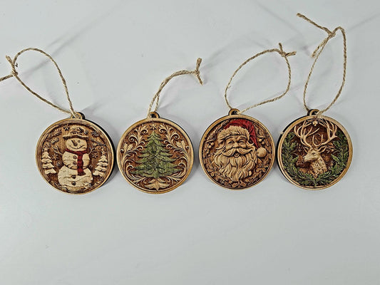 Wooden Laser Engraved Rustic Christmas Ornaments - Vintage Holiday Tree Decorations, Handcrafted Wood Ornaments - Set of 4