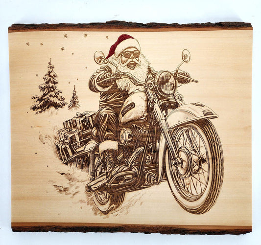 Laser Engraved Santa on Motorcycle on Live Edge Wood - Rustic Christmas Wall Art, Biker Santa Holiday Decor, Holiday Santa