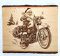 Laser Engraved Santa on Motorcycle on Live Edge Wood - Rustic Christmas Wall Art, Biker Santa Holiday Decor, Holiday Santa