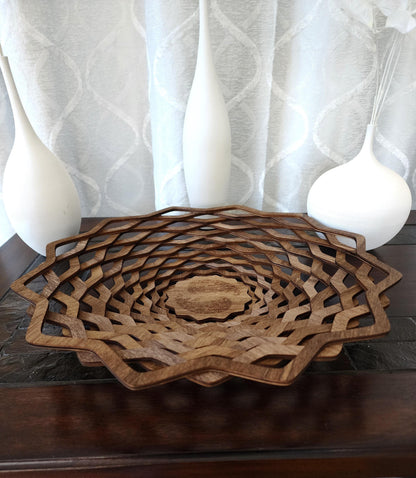 Laser Cut Multi-Layered Spiral Yen Yng Wooden Bowl - Decorative Wood Art Bowl, Modern Geometric Design, Wooden Centerpiece, Rustic Wood Bowl