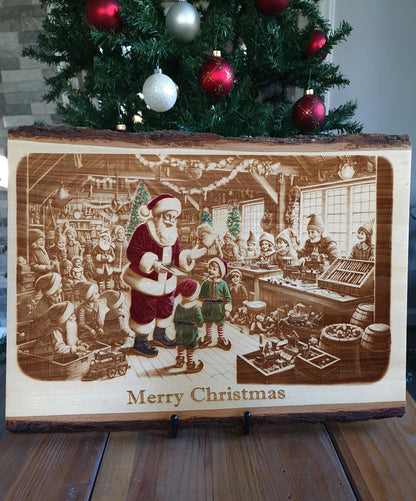 Laser Engraved Santa Claus in Toy Shop Scene on Live Edge Wood - Merry Christmas Decor - Rustic Decor - Holiday Decorations - Christmas Gift