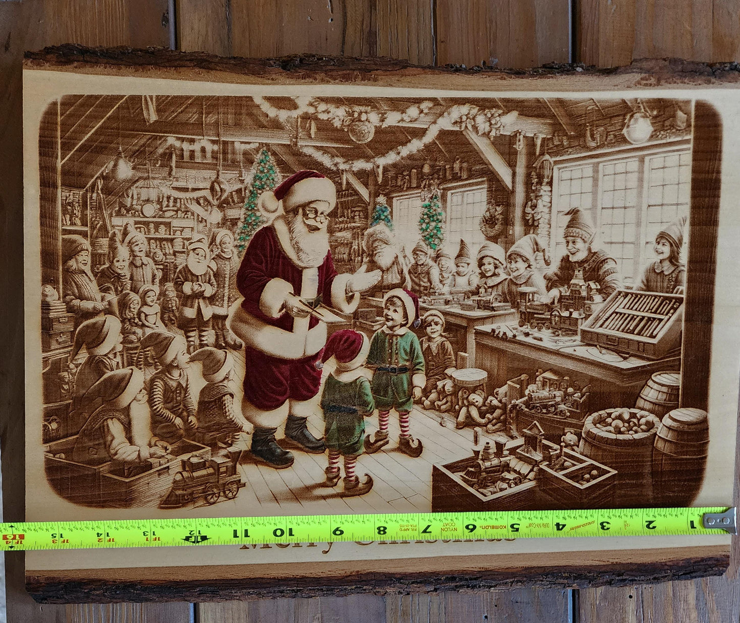 Laser Engraved Santa Claus in Toy Shop Scene on Live Edge Wood - Merry Christmas Decor - Rustic Decor - Holiday Decorations - Christmas Gift