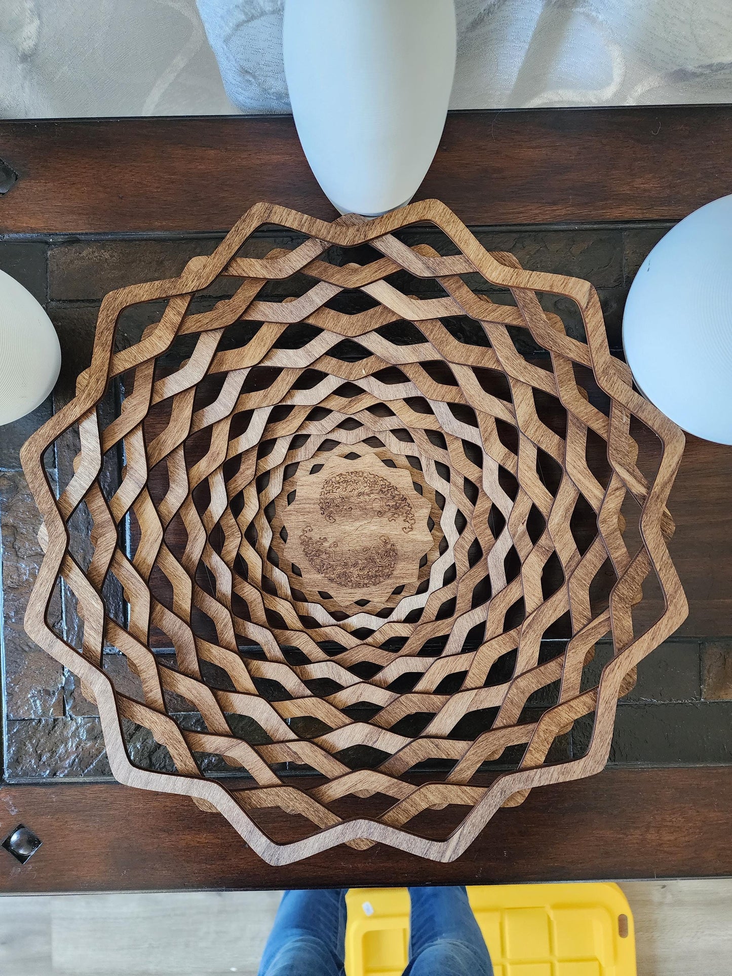 Laser Cut Multi-Layered Spiral Yen Yng Wooden Bowl - Decorative Wood Art Bowl, Modern Geometric Design, Wooden Centerpiece, Rustic Wood Bowl