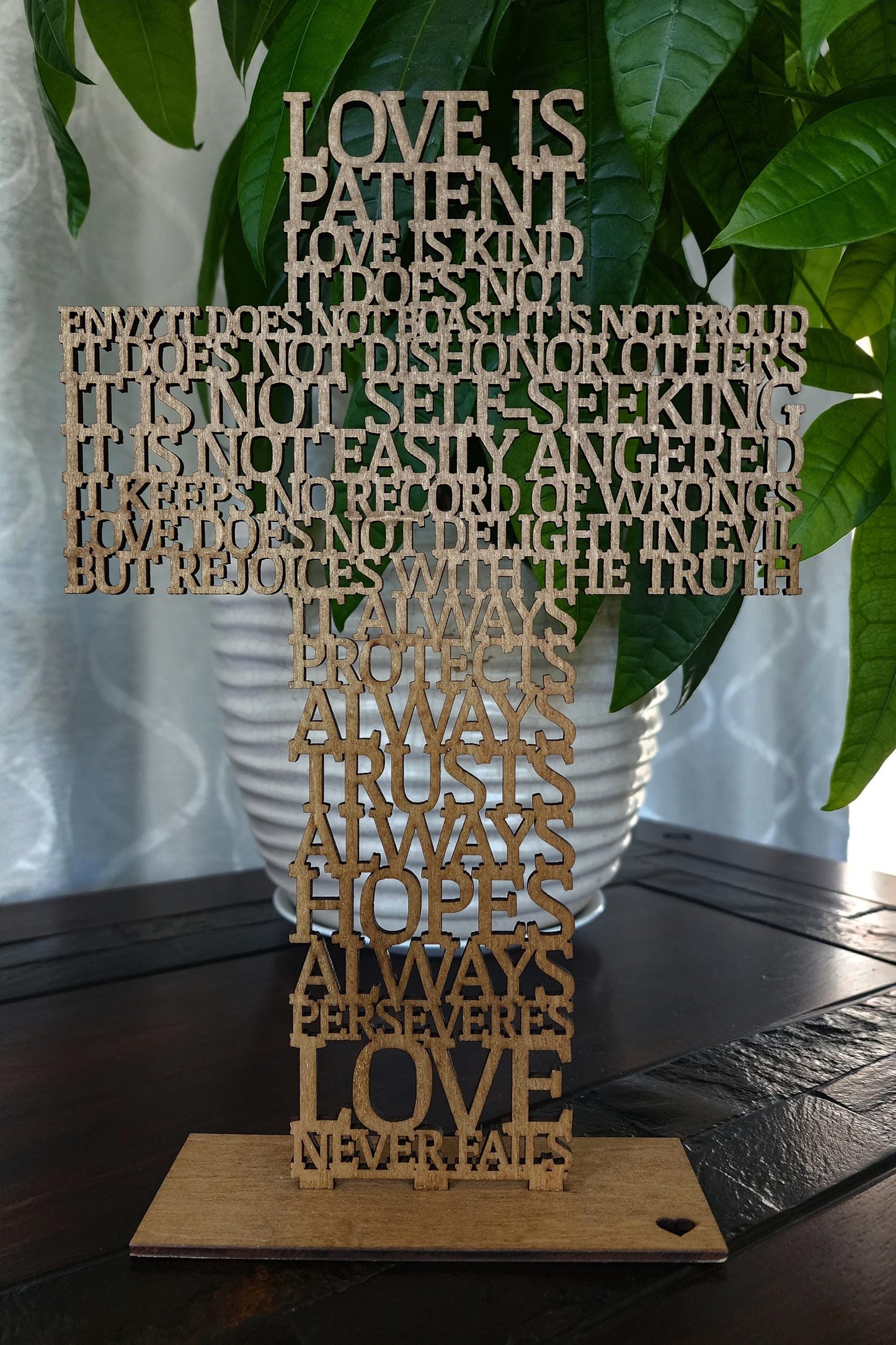 Love is Patient, Love is Kind Laser Cut Verse on Stand - Christian Wedding Decor, 1 Corinthians 13 Inspirational Art,