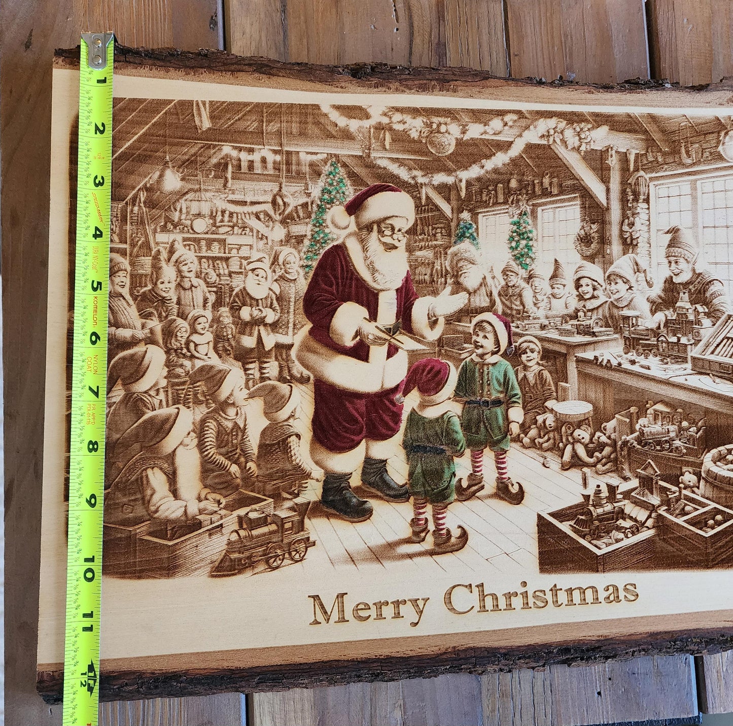 Laser Engraved Santa Claus in Toy Shop Scene on Live Edge Wood - Merry Christmas Decor - Rustic Decor - Holiday Decorations - Christmas Gift