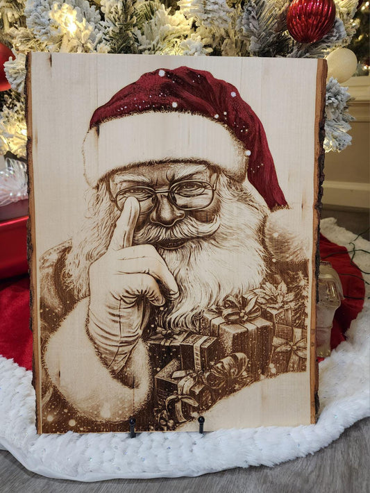 Rustic Santa Laser Engraving on Live Edge Wood - Painted Christmas Decor, Holiday Wall Art, Christmas Wall Art, Christmas Gift Idea